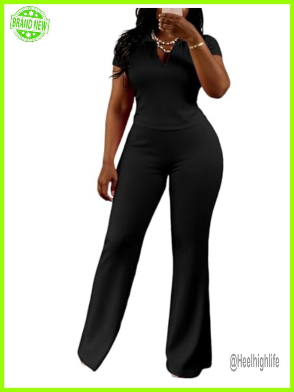 Women's 2 Piece V Neck Polo Top Flare Pants Set